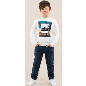 Conjunto Kids T-Shirt Manga Longa e Calça Moletinho Jeans Marinho - 1+1
